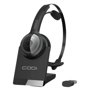 CODi monaural Bluetooth headset with USB-A dongle and charge stand