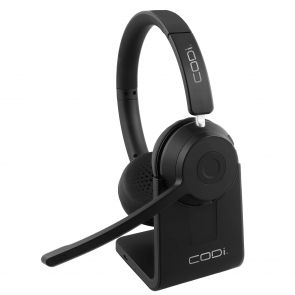 CODi binaural Bluetooth headset with USB-A dongle and charge stand