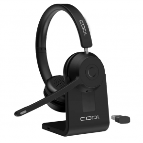 CODi CLARO binaural Bluetooth ENC headset with USB-A dongle and charge stand